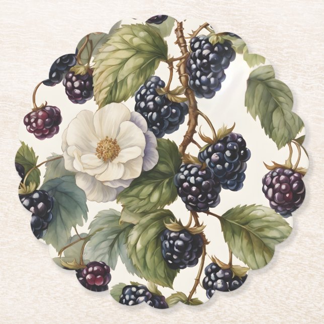 Cream Regal Elegance Blackberry & Blooms Paper Coaster (Front)