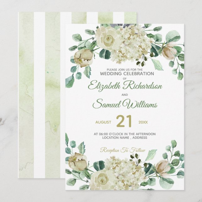 Cream Rose Bud Hydrangea Watercolor Classic Invitation (Front/Back)