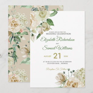 Cream Rose Bud Hydrangea Watercolor Classic Invitation