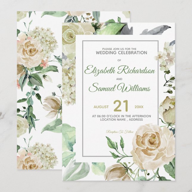 Cream Rose Bud Hydrangea Watercolor Classic Invitation (Front/Back)