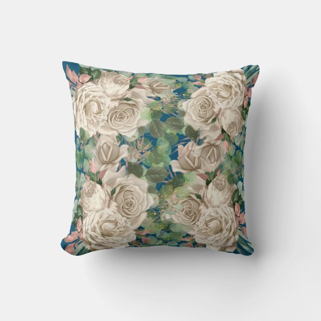 CREAM ROSE EUCALYPTUS FLORAL BOTANICAL BLUE CUSHION (Front)