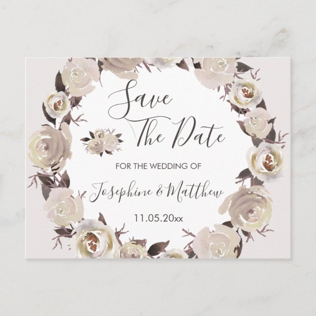 Cream Rose Floral Wreath Save the Date Announcement Postcard (Front)