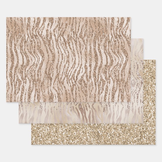 Cream Rose Gold Glitter Zebra Print    Wrapping Paper Sheet (Set)