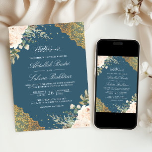 Cream Rose Gold Lace QR Code Blue Muslim Wedding Invitation