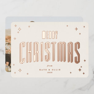 Cream+Rose Gold Merry Christmas Retro Stars Photo Foil Holiday Card