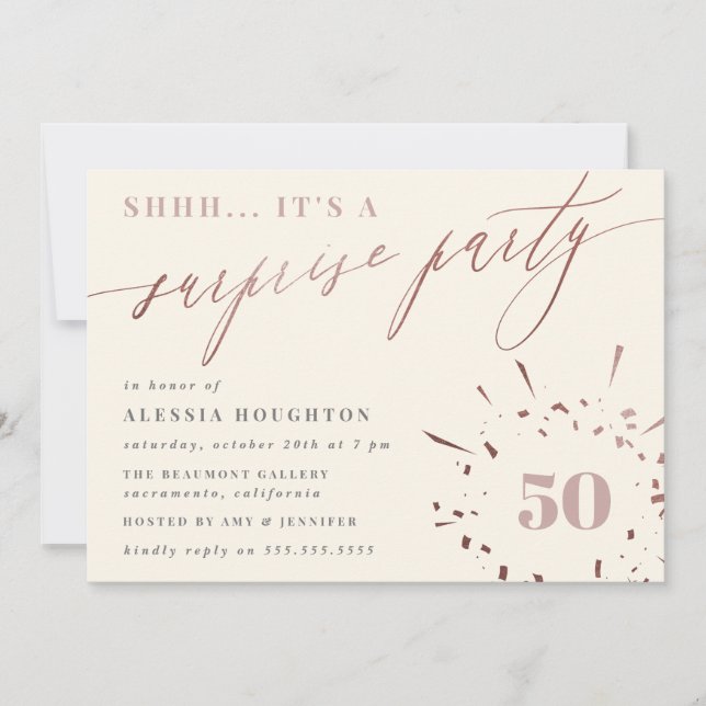 Cream & Rose Gold Script Surprise Party Invitation (Front)