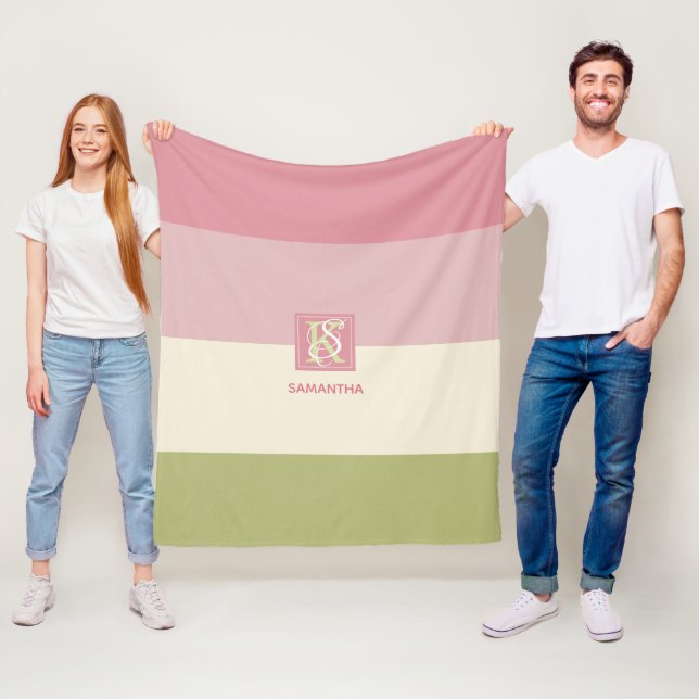 Cream Rose Green Colour Palette Stripes Monogram Fleece Blanket (In Situ)