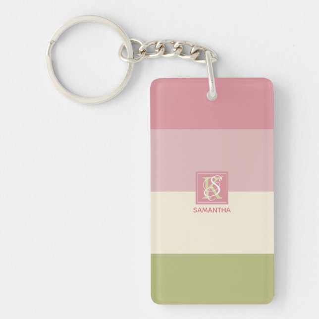 Cream Rose Green Colour Palette Stripes Monogram Key Ring (Front)