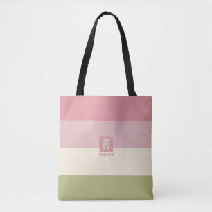 Cream Rose Green Colour Palette Stripes Monogram Tote Bag