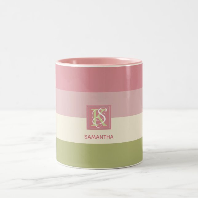 Cream Rose Green Colour Palette Stripes Monogram Two-Tone Coffee Mug (Center)