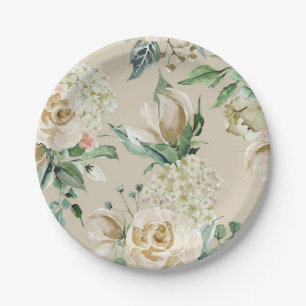 Cream Rose Hydrangea Beige Watercolor Paper Plate