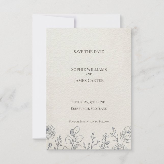 Cream Rose Line Art Save the Date Card (Front)