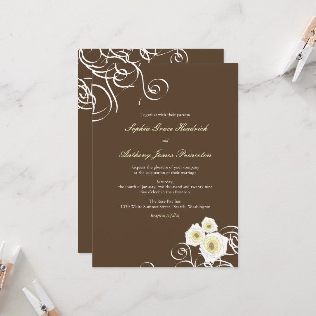 Cream Roses And Swirls Elegant Romantic Wedding Invitation (Front/Back In Situ)