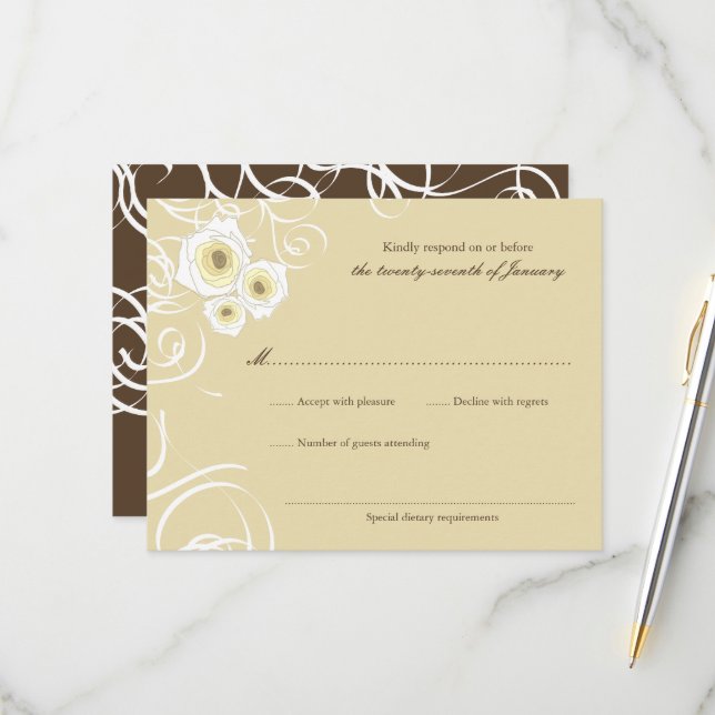 Cream Roses And Swirls Elegant Romantic Wedding RSVP Card (Front/Back In Situ)