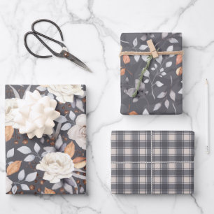 Cream Roses Autumn Fall Berries Floral Grey Mix Wrapping Paper Sheet
