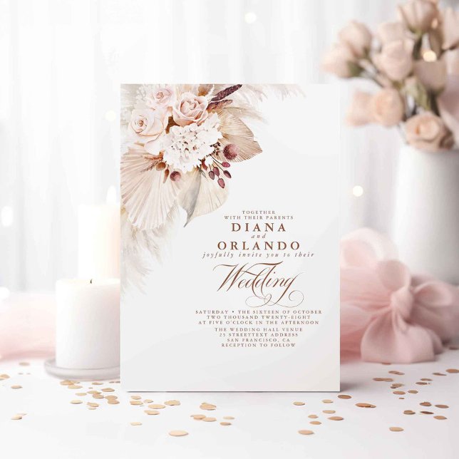 Cream Roses Botanical Pampas Grass Boho Wedding Invitation (Elegant Pampas Grass Floral Wedding Invitations)