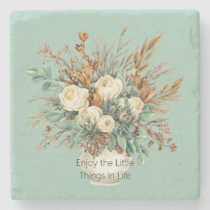 Cream Roses Enjoy Little Things Floral Stone Coaster