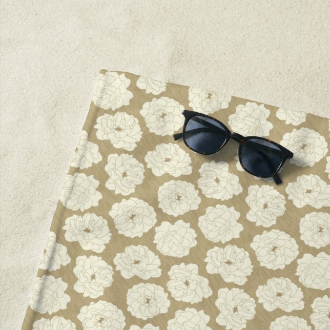 Cream Roses on Golden Beige - seamless pattern. Beach Towel (In Situ)