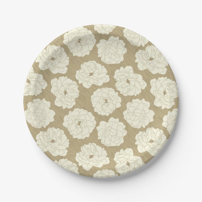 Cream Roses on Golden Beige - seamless pattern.  Paper Plate (Front)