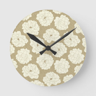 Cream Roses on Golden Beige - seamless pattern.  Round Clock