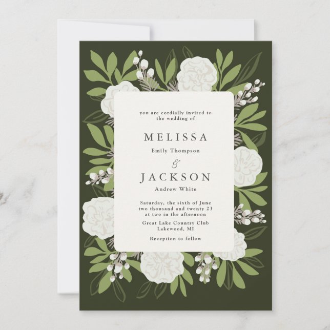 Cream Roses  on Green Wedding  Invitation (Front)