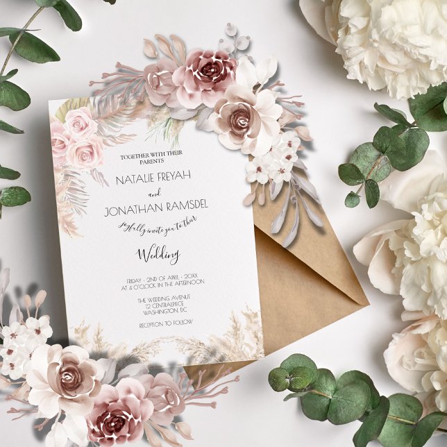 Cream Roses Pampas Grass Boho Wedding Invitation (Creator Uploaded)