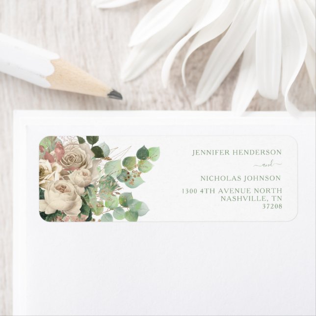 Cream Roses Peonies Eucalyptus Return Address Label (Insitu)