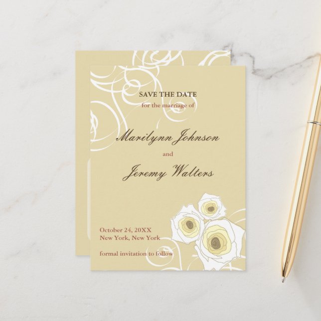 Cream Roses Swirls Romantic Wedding Save The Date Announcement Postcard (Front/Back In Situ)
