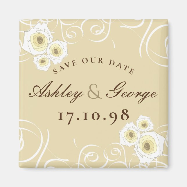 Cream Roses Swirls Romantic Wedding Save The Date Magnet (Front)