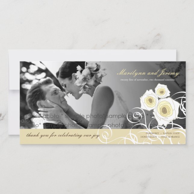 Cream Roses Swirls Wedding Thank You Photo Card (Front)