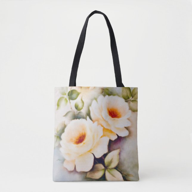 Cream Roses Watercolor Tote Bag (Front)