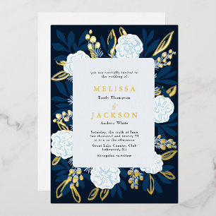 Cream Roses Wedding Blue Foil Invitation