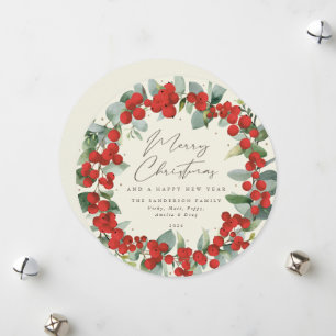 Cream Round Red Berry+Eucalyptus Holiday Wreath Card