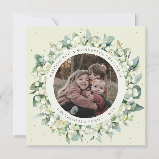 Cream Round/Square Snowberry+Eucalyptus Photo Holiday Card (Front)