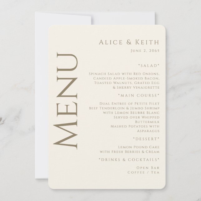 Cream Rounded Gold text Wedding Menu Invitation (Front)