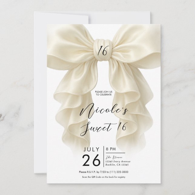 Cream Ruffle Cascade Bow Elegant Sweet 16 Party Invitation (Front)