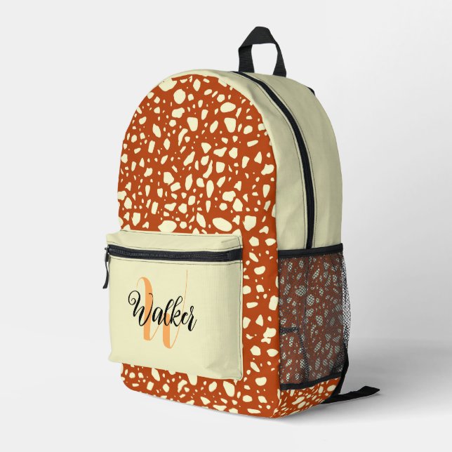 Cream & Rust Colour - Vintage Initial Name Printed Backpack (Back Corner Right)