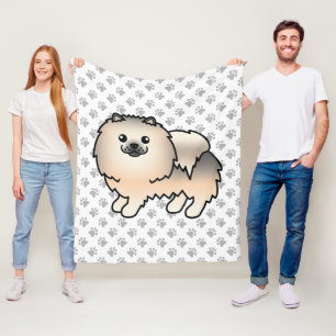 Cream Sable Pomeranian Cute Cartoon Dog & Paws Fleece Blanket