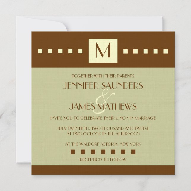 Cream Sage Brown Monogram Wedding Invitation (Front)