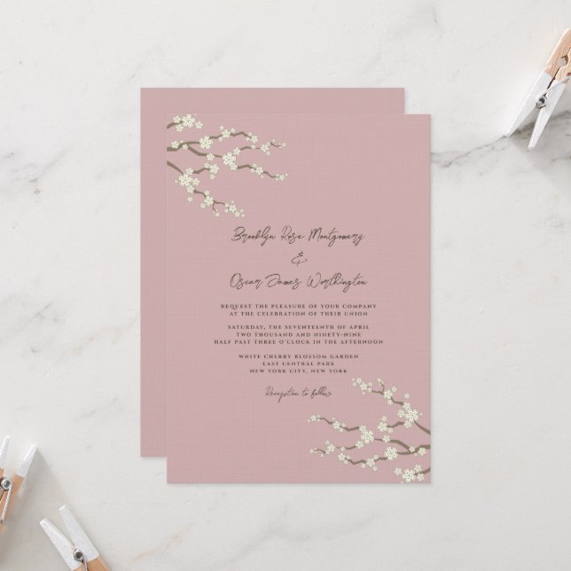 Cream Sakura Cherry Blossoms Pink Asian Wedding Invitation (Front/Back In Situ)