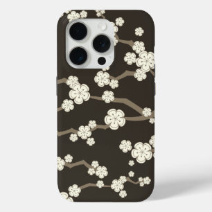 Cream Sakura Oriental Cherry Blossoms On Brown iPhone 15 Pro Case