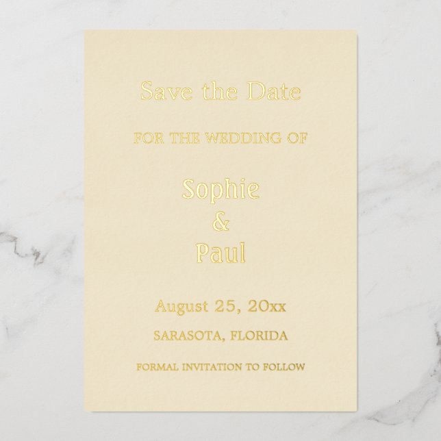 Cream Save the Date Gold Foil Invitation (Front)