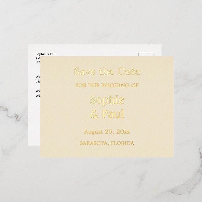 Cream Save the Date Gold Foil Invitation Postcard (Front/Back)