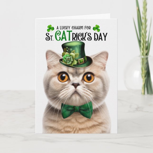 Cream Scottish Fold Lucky Charm St CATrick's Day Holiday Card (Front)