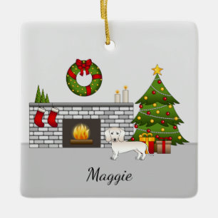 Cream Short Hair Dachshund With Name Christmas Ceramic Ornament