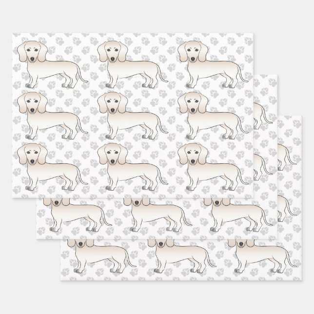 Cream Smooth Coat Dachshund Cartoon Dog Pattern Wrapping Paper Sheet (Set)