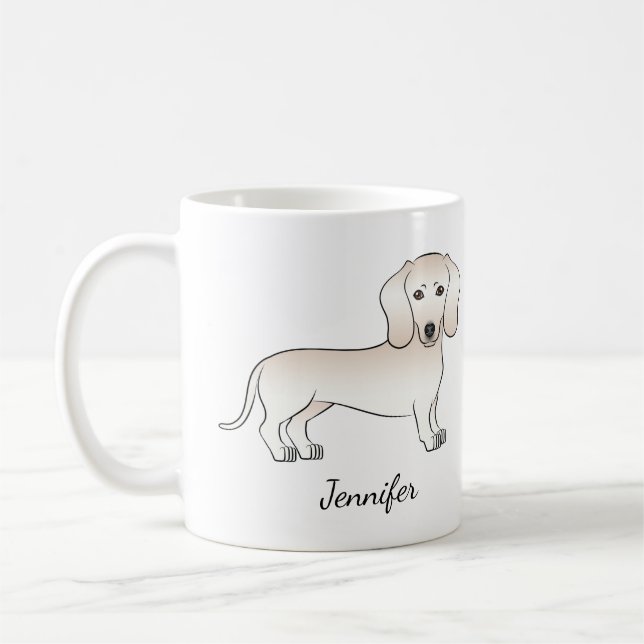 Cream Smooth Coat Dachshund Cartoon Dog With Name Coffee Mug (Left)