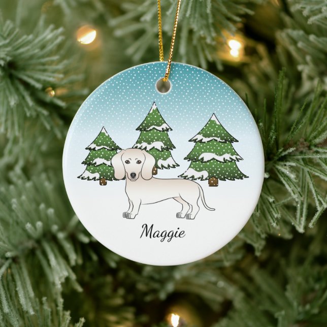 Cream Smooth Coat Dachshund Dog In Winter Forest Ceramic Ornament (Tree)