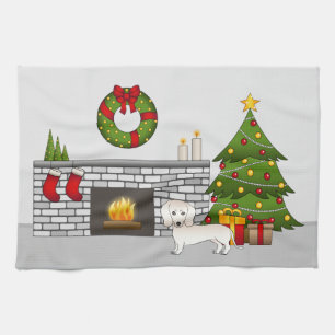 Cream Smooth Coat Dachshund In Christmas Room Tea Towel