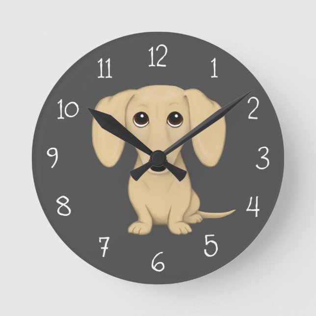 Cream Smooth Coated Dachshund Cartoon Dog Round Clock (Front)